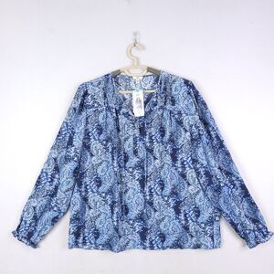 Joie Top Blouse Women Blue Large Ruffle Long Sleeve Peasant Button Paisley NWT